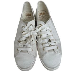 Keds White Canvas Low-Top Sneakers with Gold Eyelets